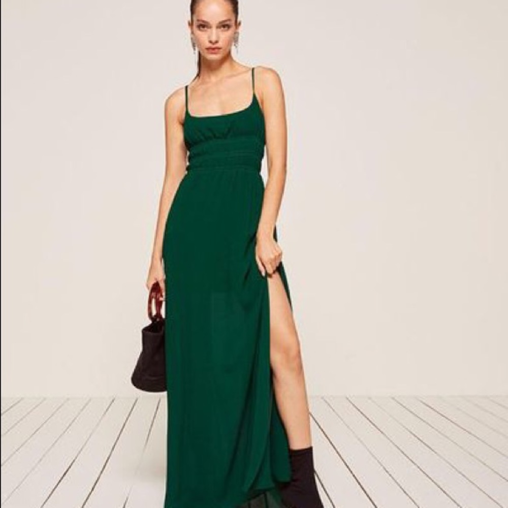 Reformation NWT Ruched Top Tudor Dark Green Thigh High Slit Maxi Dress Gown 12